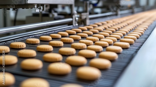 Cookies moving on a production conveyor line in a factory