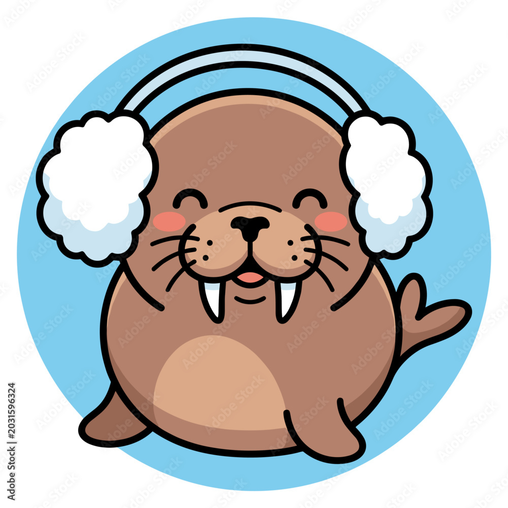 Obraz premium Cute walrus wearing earmuffs vector illustration