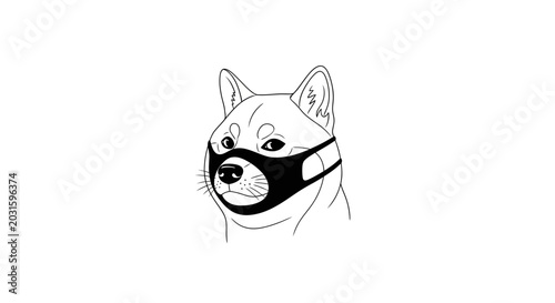 Shiba Inu Dog Wearing a Black Face Mask - Line Art Illustration