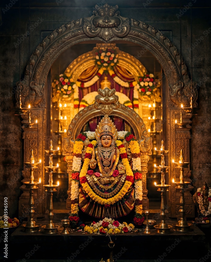 Obraz premium Decorated sacred deity shrine with floral garlands and lamps