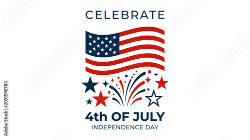 Celebrate 4th of July graphic with flag and fireworks.