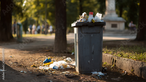 Overflowing Public Bin with Scattered Litter and Unwanted Waste in a Neglected Park Setting on a Sunny Day, Environmental Problem
