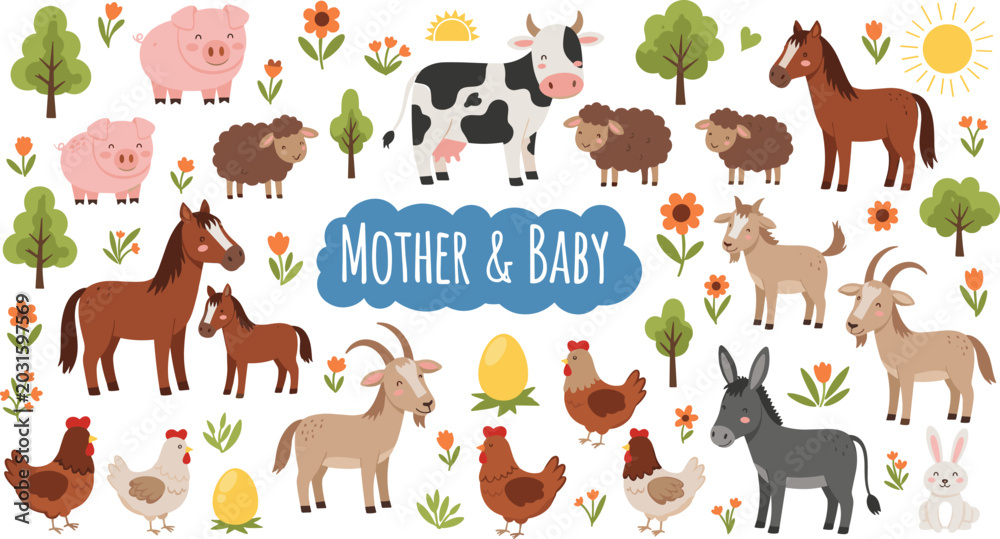 Fototapeta premium Cute Farm Mother and Baby Animals Clipart Vector Set with Cow Horse Pig Sheep Goat and Chicken for Kids Nursery Decor Designs