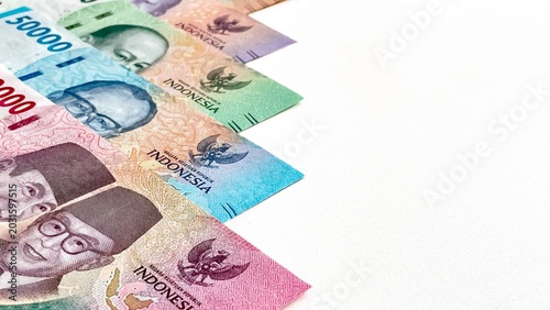 Photos Brightly colored Indonesian rupiah banknotes with space for text