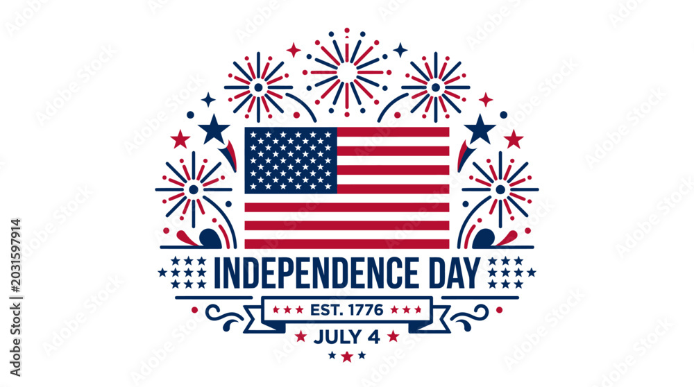 Fototapeta premium Circular fireworks frame around American flag for Independence Day.