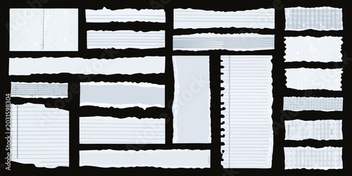 Photos Collection of torn notebook paper fragments with lined pages on a black backgrou
