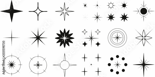 Fotografia collection of starburst and orbital icons in black and white isolated on white