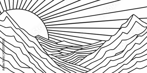 Fotografi mountain range and sun line art with cross hatching and diagonal shading black a