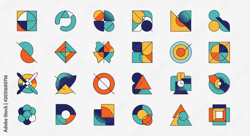 Fototapeta premium Geometric shapes arranged in rows on a plain surface with various colors