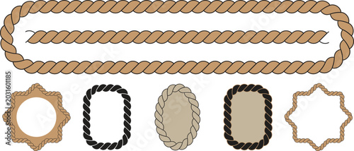  Ship rope elements. black nautical rope border vector For round text frames. transparent background,
