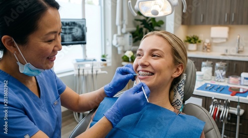 Orthodontist adjusting newly installed braces on smiling patient in modern clinic, professional dental care scene focused on treatment and comfort