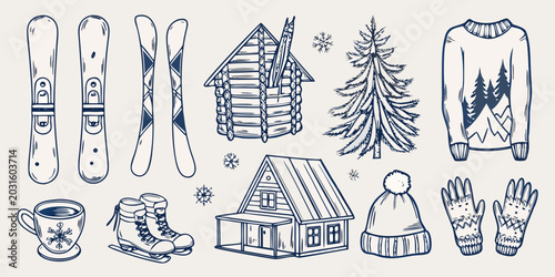 Winter sports and cozy cabin themed hand drawn sketch collection on white background