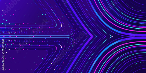 Tableau sur toile abstract flowing lines with dots vibrant neon colors on dark blue background