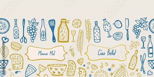 italian food and drink doodle illustration with wine coffee and kitchen utensils