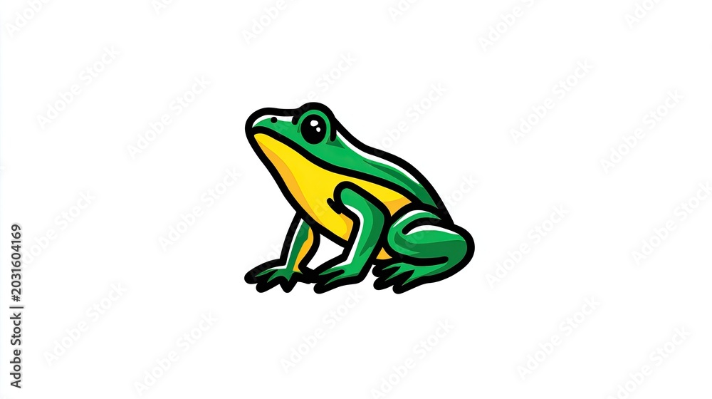 Obraz premium Stylized depiction of an amphibian creature with bright green and yellow coloring sits on a white background.