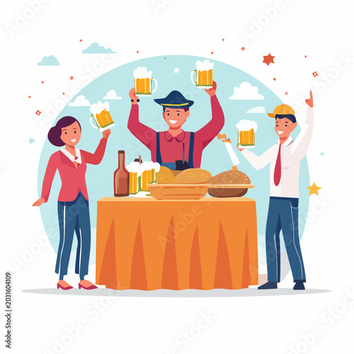 People celebrating with beer and food