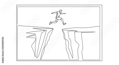 Man jumping over a deep chasm, symbolizing risk, courage, and overcoming challenges.