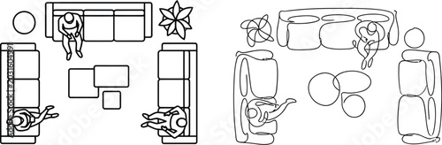 Living room top view furniture icon set with continuous line and outline vector