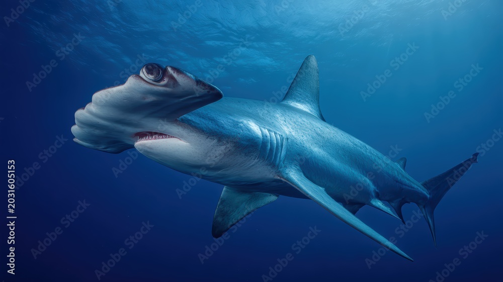 Fototapeta premium Hammerhead shark swimming through deep blue ocean