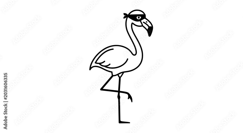 Fototapeta premium Funny Flamingo Bandit Masked Bird Standing on One Leg, Cartoon Style