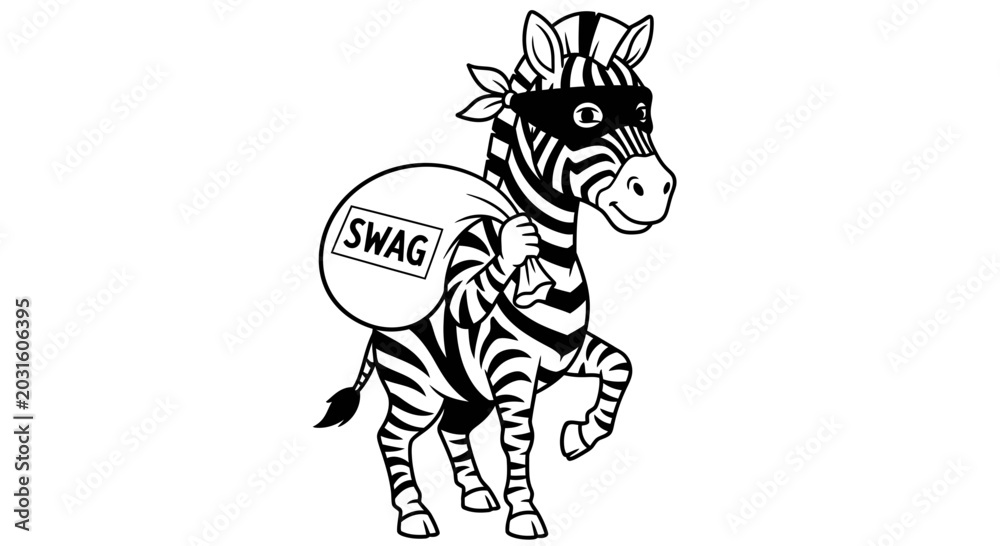 Fototapeta premium Funny Zebra Bandit Carrying Swag Bag, Cartoon Style
