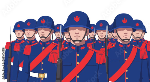 Canvastavla Military Formation, Soldiers in Uniform Marching, Precision Drill, Blue Uniforms