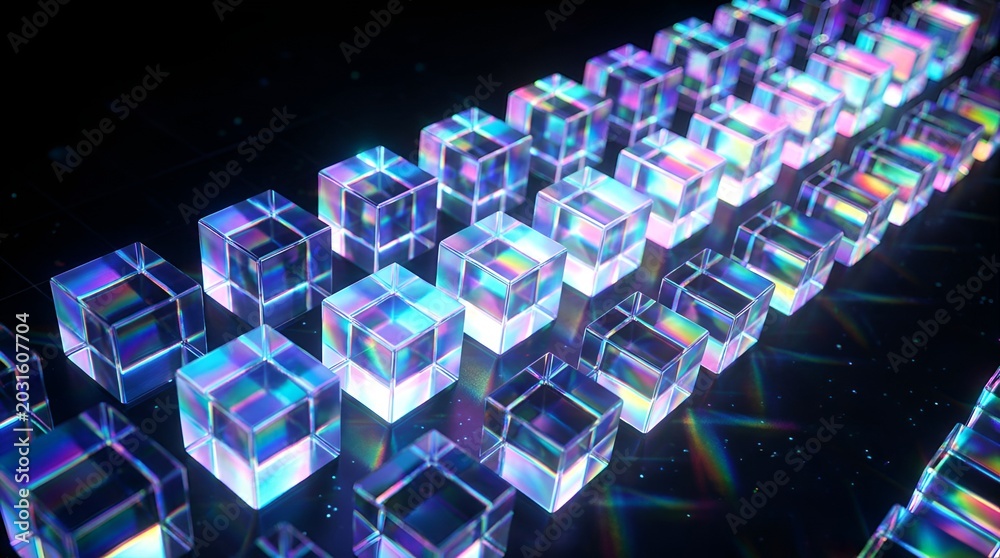Obraz premium Abstract Crystal Cubes Array with Rainbow Refraction, Futuristic Geometric Background