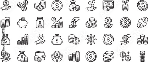 Quadro em tela Collection of finance and investment line icons showing money coins piggy bank wallet wealth growth