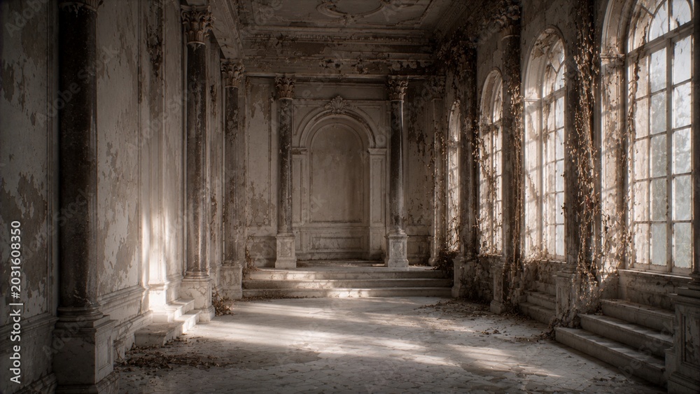 Obraz premium Sunlit Abandoned Palace Hall with Classical Arched Windows