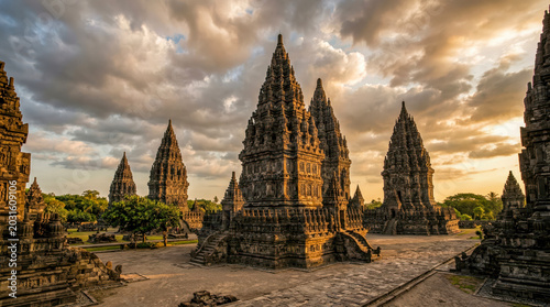 Majestic tall stone spires of ancient Prambanan Hindu temple at golden hour
