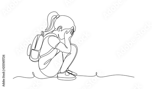 continuous single line drawing of sad boy with schoolbag sitting on floor covering his face  line art vector illustration