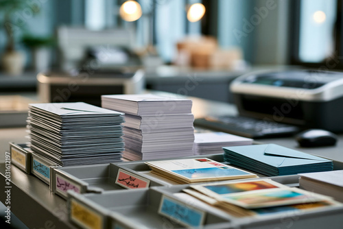 A workspace shows stacks of envelopes and postcards arranged neatly. There are trays holding the items on a desk near a printer. The setting appears busy and functional during daylight.