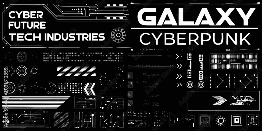 Fototapeta premium Cyberpunk tech interface elements futuristic graphic design in black and white