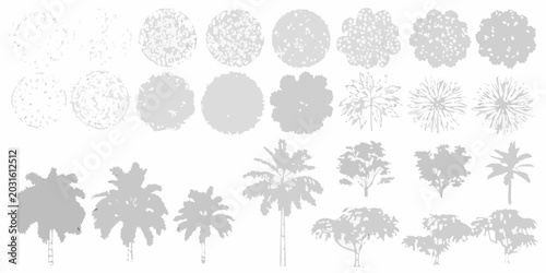 Foto Collection of grayscale tree silhouettes and canopy illustrations on a white bac