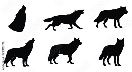 Tableau sur toile Collection of black wolf silhouettes in various poses against a white background