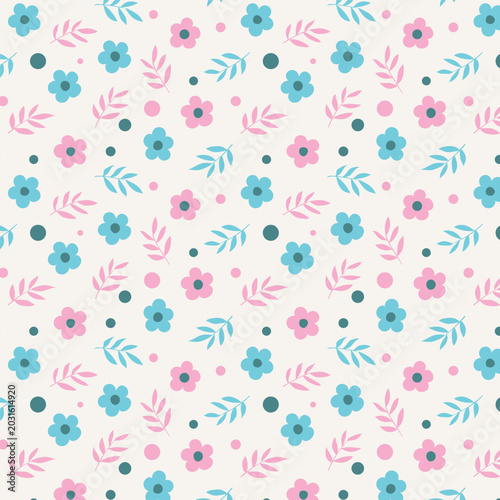 Cute Pastel Floral Seamless Pattern Background with Simple Flowers and Leaves