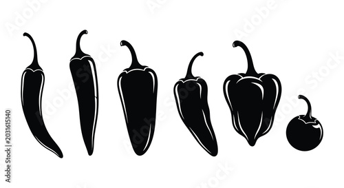 Quadro su tela Collection of chili pepper silhouettes in varying shapes on a white background s