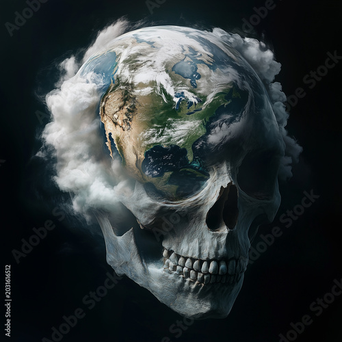 Stark juxtaposition of life and death, symbolized by a human skull formed from the Earth.