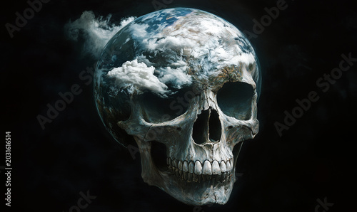 Stark juxtaposition of life and death, symbolized by a human skull formed from the Earth.