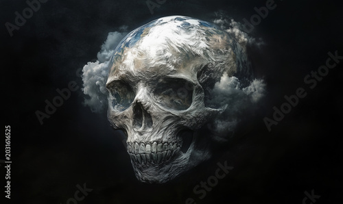 Stark juxtaposition of life and death, symbolized by a human skull formed from the Earth.