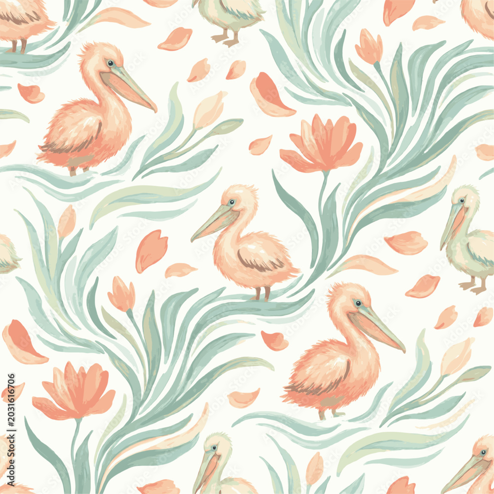 Naklejka premium Pelican and Floral Pattern