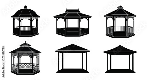 Schilderij op canvas Collection of gazebo and pavilion silhouettes in black on a white background sil