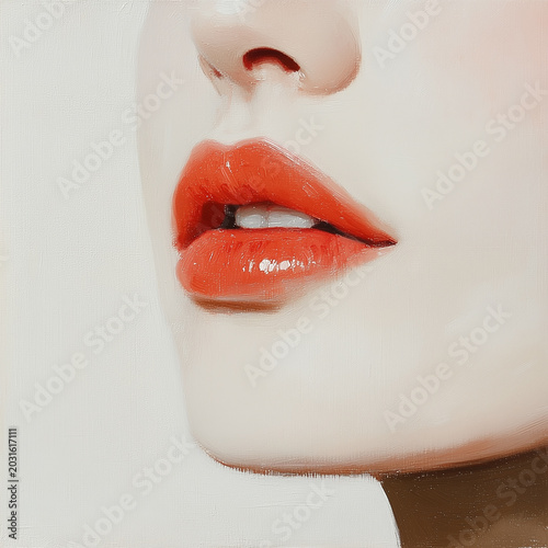 Close-up of lips, in the style of a Korean skin care commercial, with a smooth, even skin tone against a white background and soft lighting. 