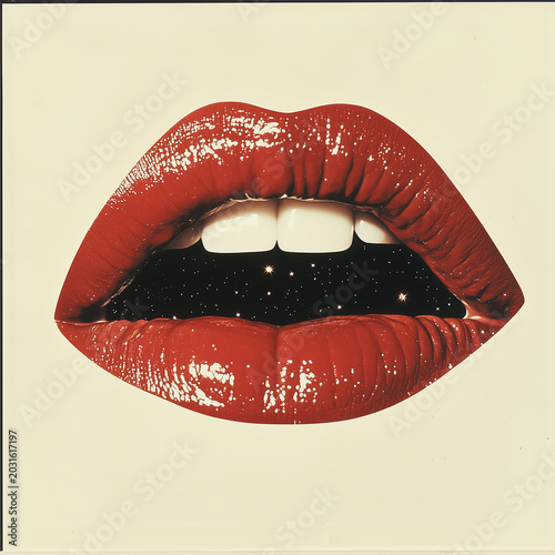 Retro pop style mouth, red lips with teeth showing, lips are floating in space with white background.