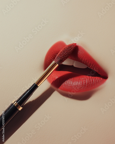 A lipstick and lip brush lying on the lips of an open mouth, simple background, beige color palette, minimalism.