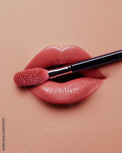 A lipstick and lip brush lying on the lips of an open mouth, simple background, beige color palette, minimalism.