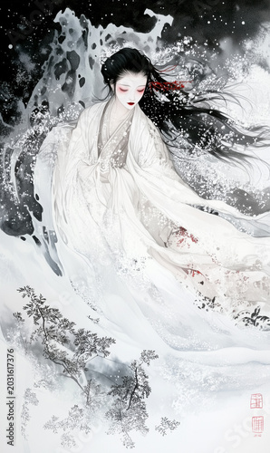 Blizzard of snow and ice watercolor drawing, evil spirits snow woman. Beautiful, pale women with red lips and eyes and black hair.