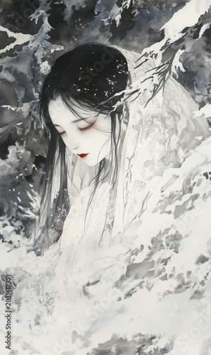 Blizzard of snow and ice watercolor drawing, evil spirits snow woman. Beautiful, pale women with red lips and eyes and black hair.