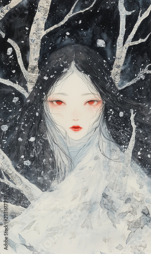 Blizzard of snow and ice watercolor drawing, evil spirits snow woman. Beautiful, pale women with red lips and eyes and black hair.