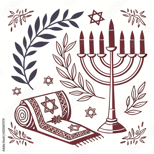 Fotografía vector illustration of a menorah prayer shawl and botanical elements on a white